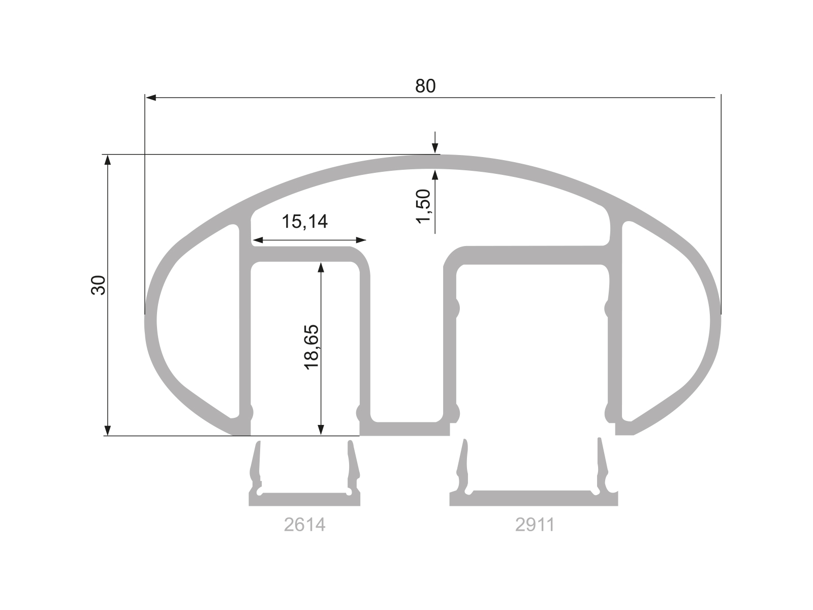 80X30 ELLIPTIC RAILING PROFILE WITH GLASS - LENGTH