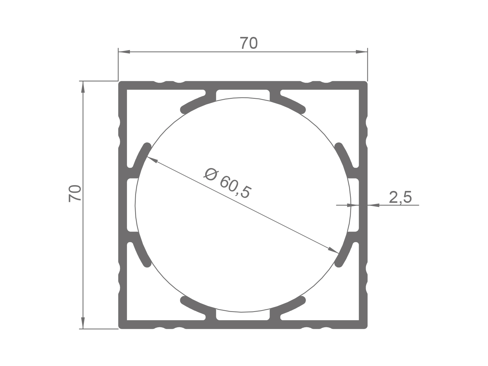 70X70 SQUARE RAILING PROFILE - LENGTH