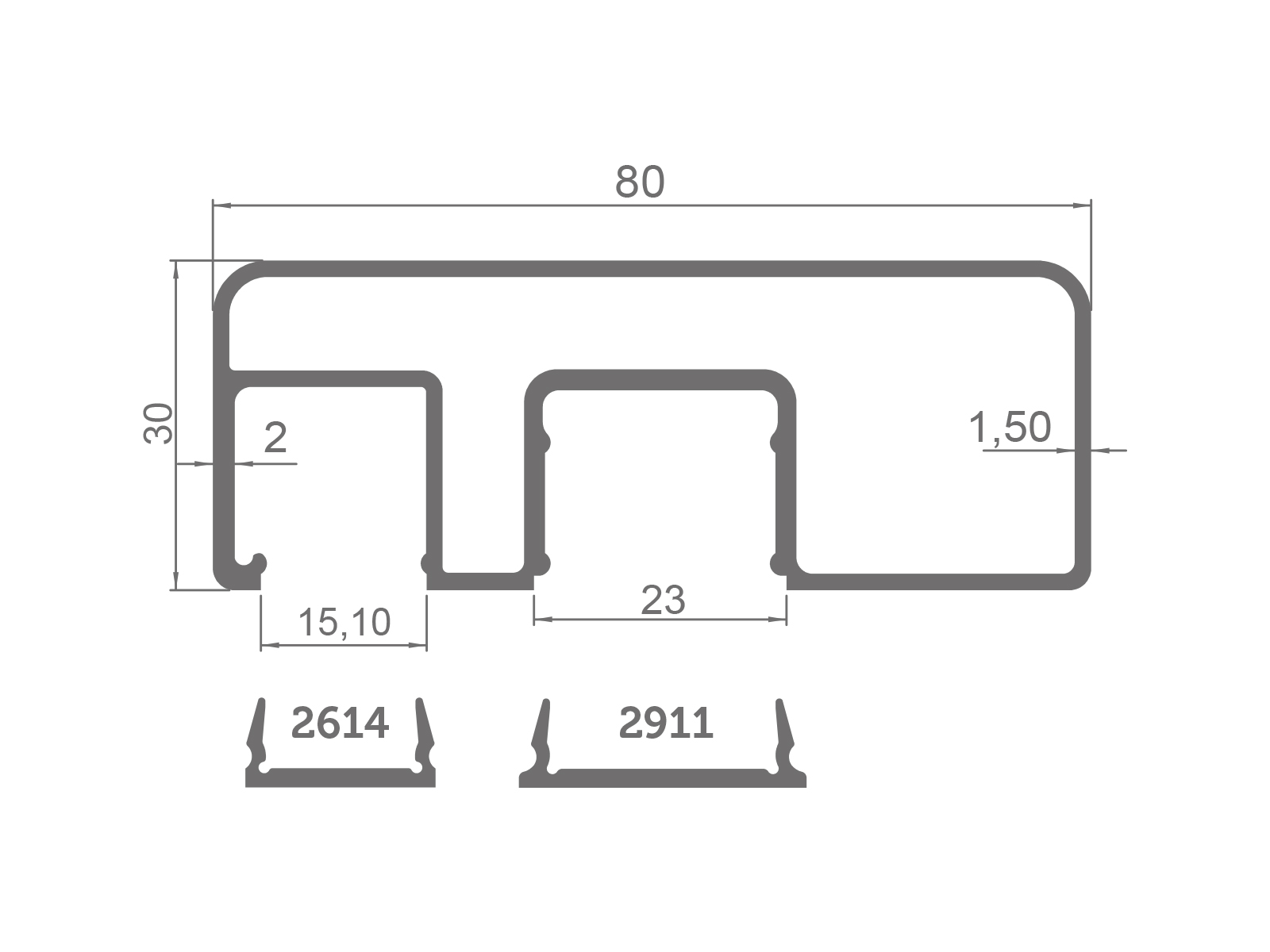 80X30 SQUARE RAILING PROFILE WITH GLASS - LENGTH