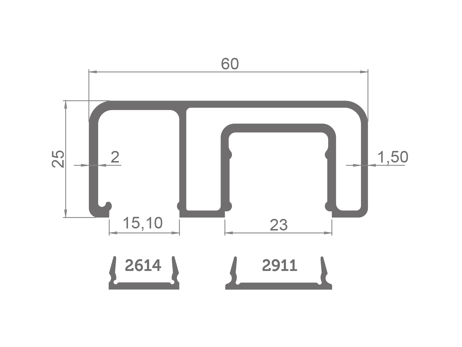 60X25 SQUARE RAILING PROFILE WITH GLASS - LENGTH