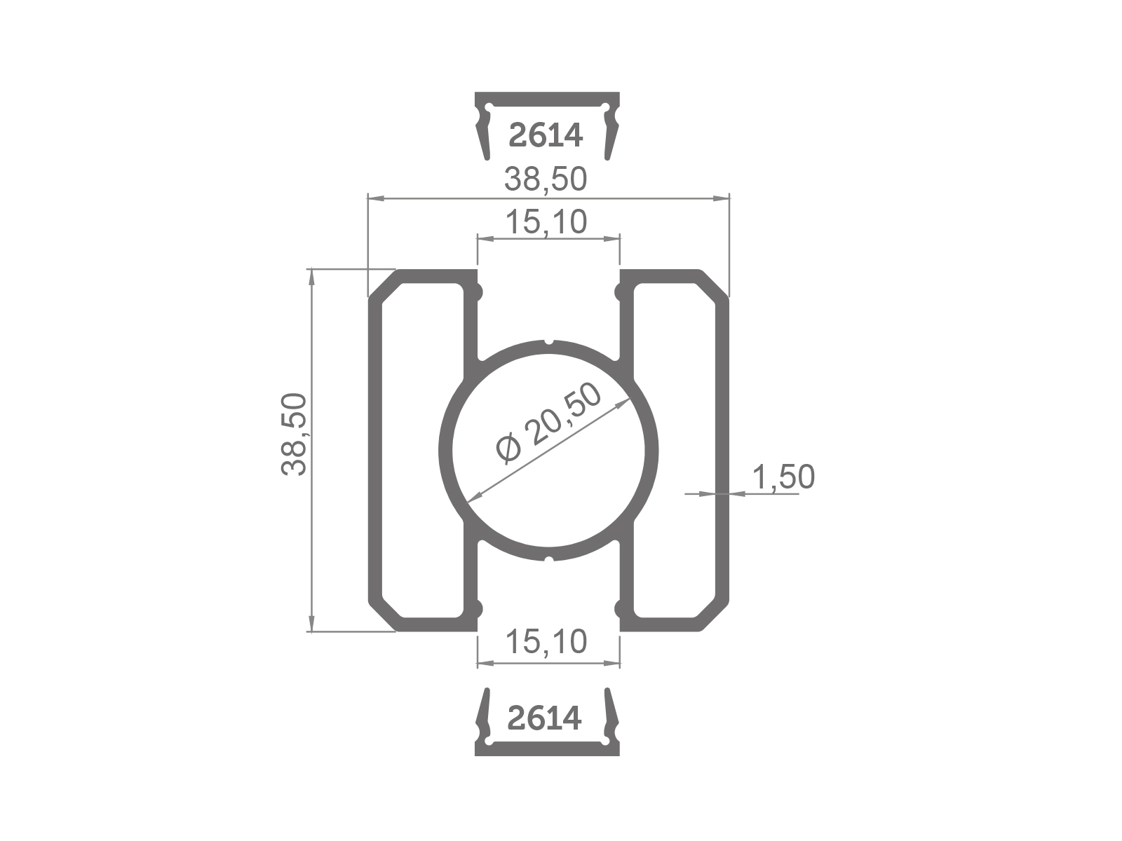 38,50X38,50 TWO SIDED SQUARE RAILING PROFILE - LENGTH