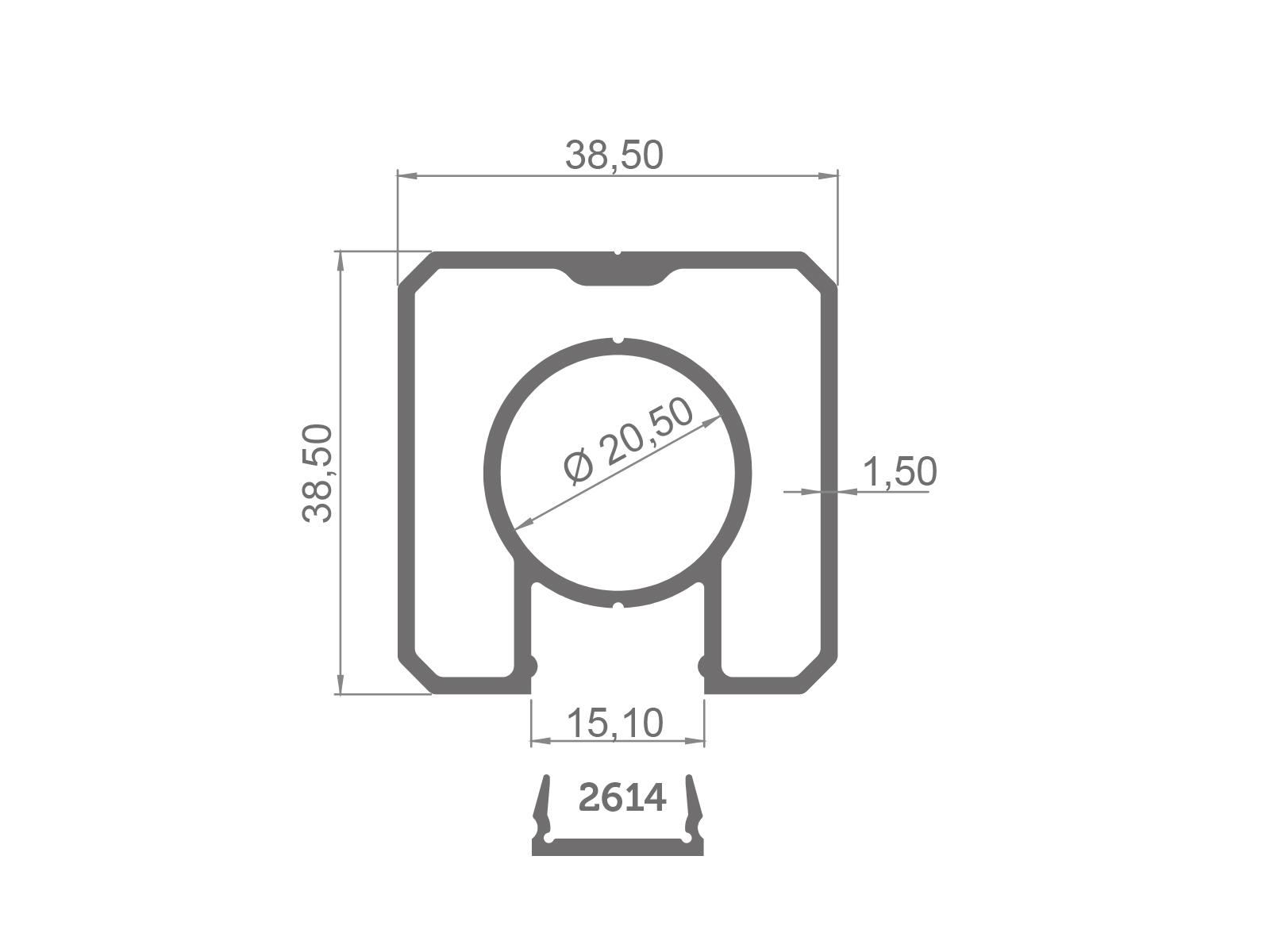 38,50X38,50 ONE SIDED SQUARE RAILING PROFILE - LENGTH