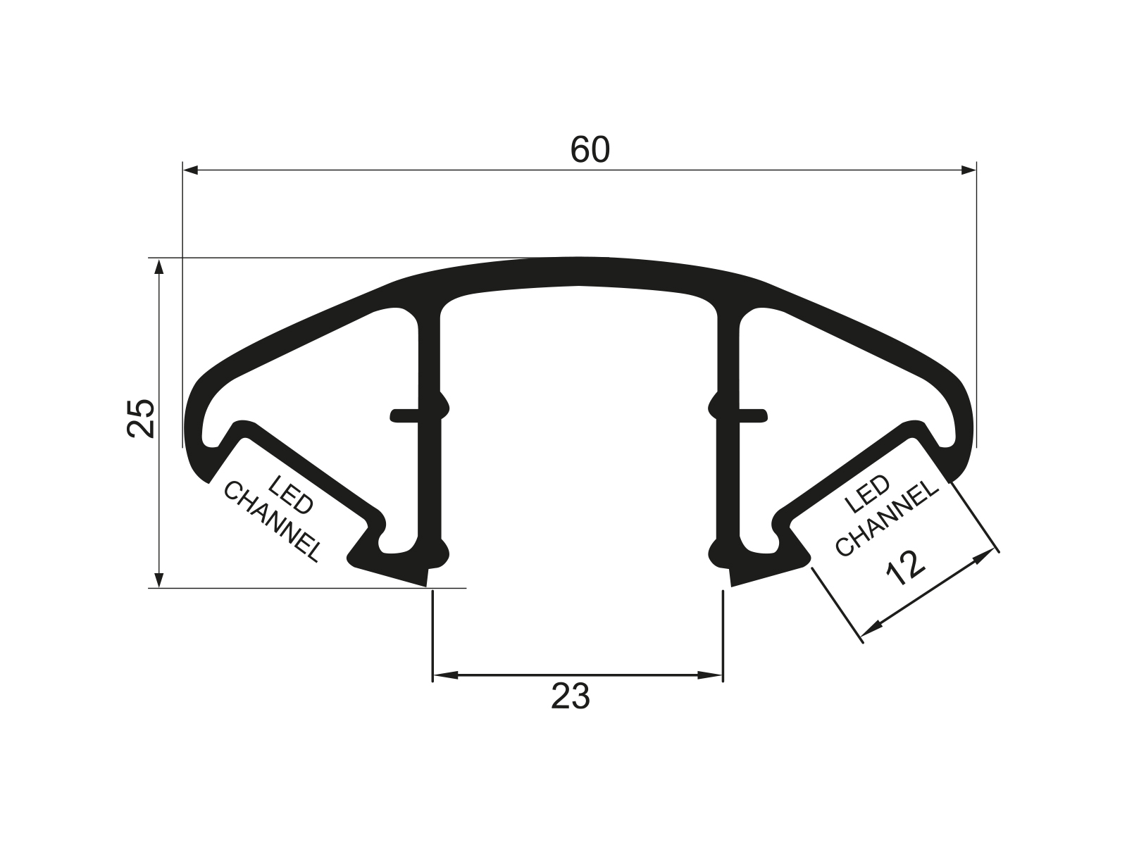 60 X 25 MM ELLIPTIC TOP PROFILE WITH LED CHANNEL-KG